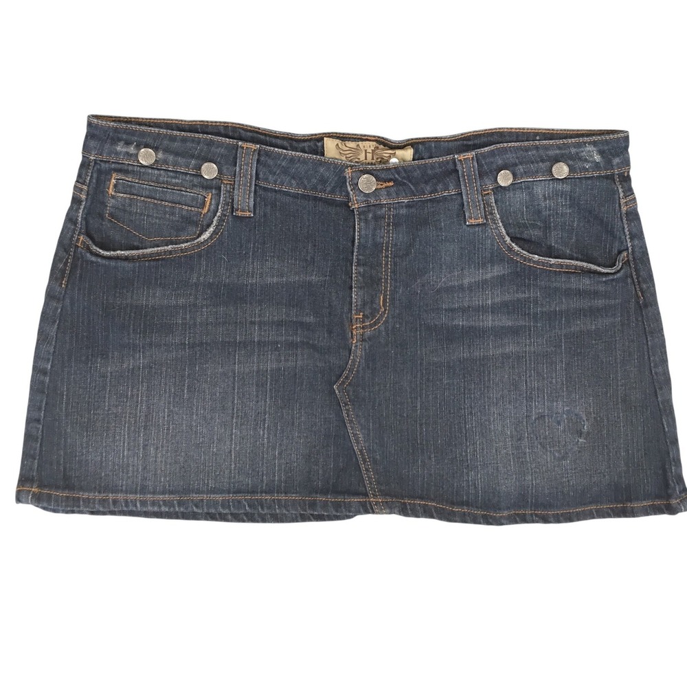 Hint Jeans Women Dark Wash Denim Mini Skirt Y2K Low Rise Embroidered Wings -17